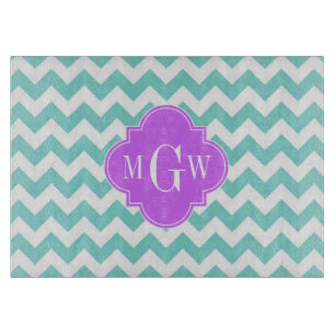 Turq / Aqua Wht Chevron Lilac 3 Initial Monogram Cutting Board