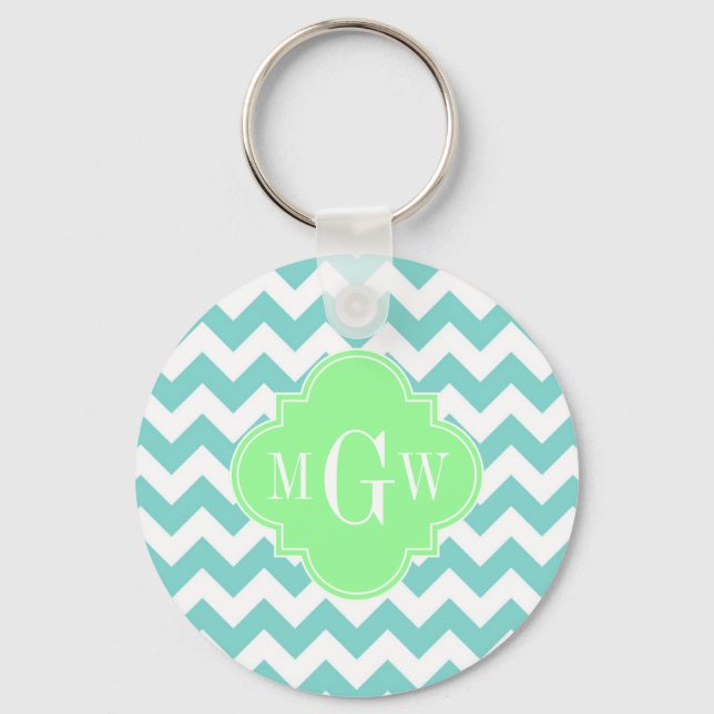 Turq / Aqua Wht Chevron Mint 3 Initial Monogram Key Ring (Front)