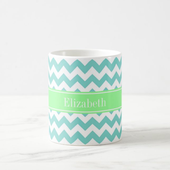 Turq / Aqua Wht Chevron Mint Green Name Monogram Coffee Mug (Center)