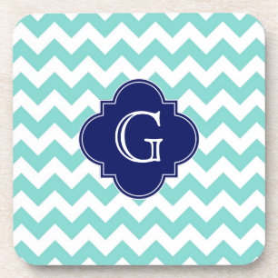 Turq / Aqua Wht Chevron Navy Quatrefoil Monogram Coaster