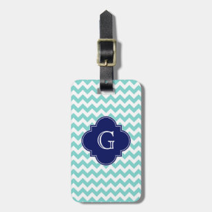 Turq / Aqua Wht Chevron Navy Quatrefoil Monogram Luggage Tag