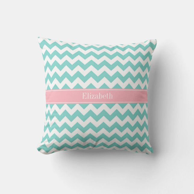 Turq / Aqua Wht Chevron Pink Name Monogram Cushion (Front)