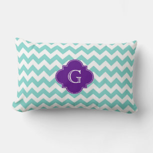 Turq / Aqua Wht Chevron Purple Quatrefoil Monogram Lumbar Cushion