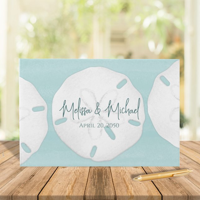 Turqiouse Wedding Beach Minimalist Sand Dollar Guest Book (Beach destination wedding coastal nautical sand dollar custom guestbook)