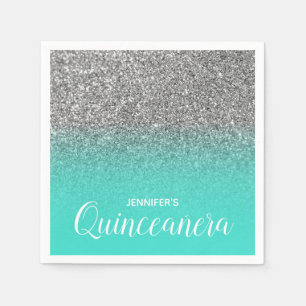 Turqoise and Silver Glitter Ombre Quinceanera Napkin