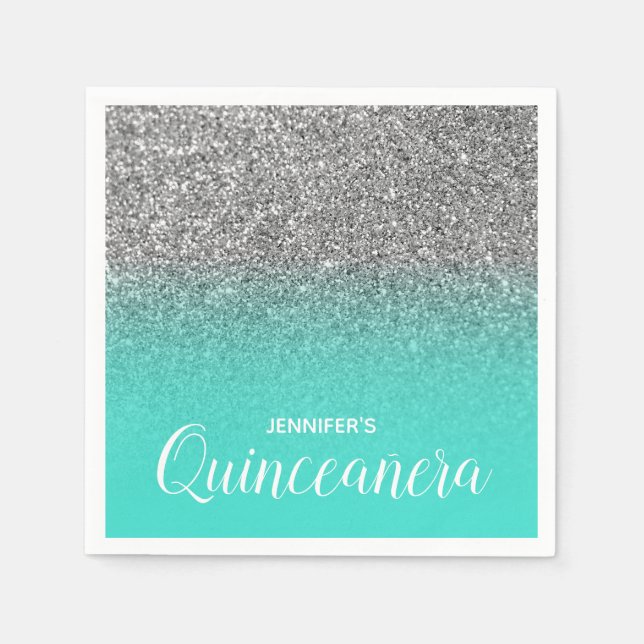 Turqoise and Silver Glitter Ombre Quinceanera Napkin (Front)
