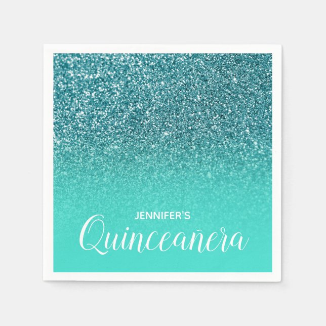 Turqoise and Teal Glitter Ombre Quinceanera Napkin (Front)