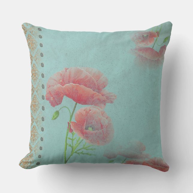 Turqoise Baroque Poppies - Pillow (Front)
