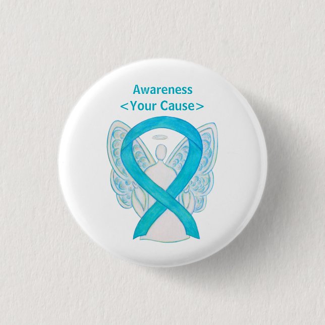 Turqoise Blue Awareness Ribbon Angel Pin Button (Front)