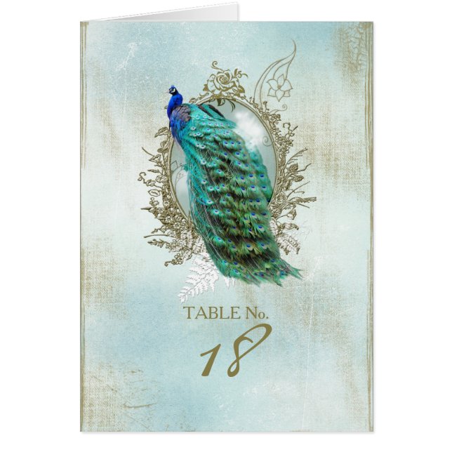 Turqoise Shabby Peacock - Table Number Card (Front)