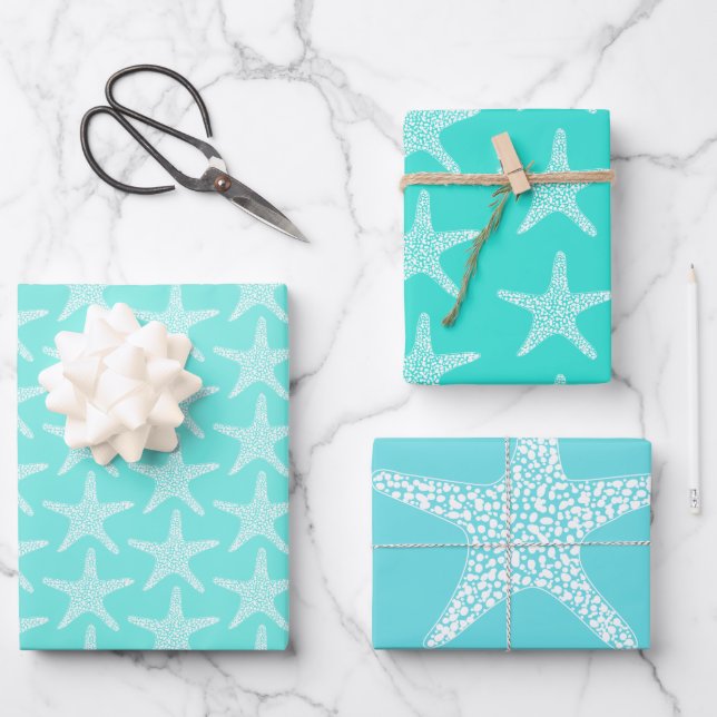 Turqoise Starfish Beach Summer Nautical Pattern    Wrapping Paper Sheet (Front)