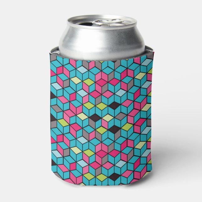 Turqouise and Pink Cube Pattern Can Cooler (Can Front)