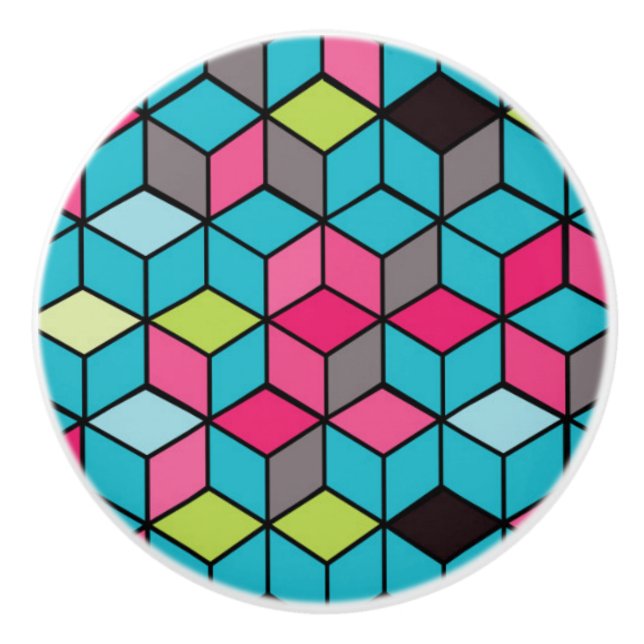 Turqouise and Pink Cube Pattern Ceramic Knob (Front)