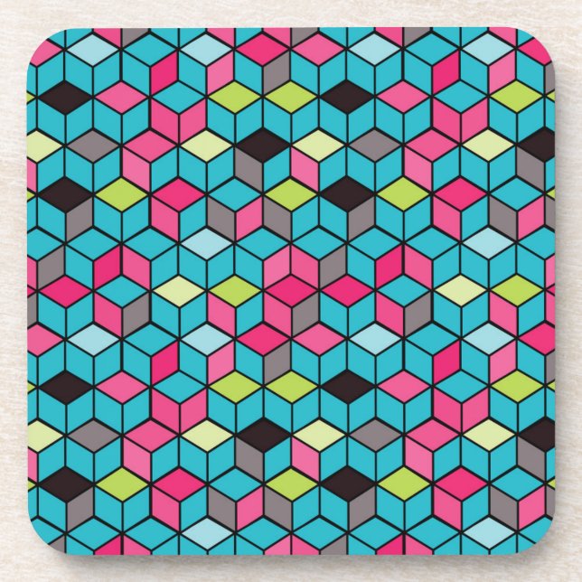 Turqouise and Pink Cube Pattern Coaster (Front)