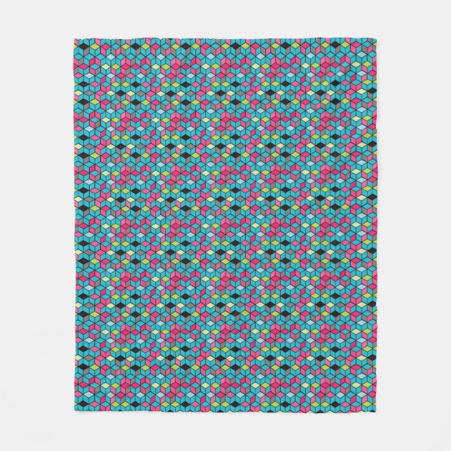 Turqouise and Pink Cube Pattern Fleece Blanket (Front)