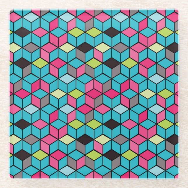 Turqouise and Pink Cube Pattern Glass Coaster (Front)