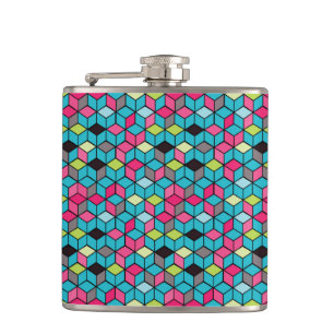 Turqouise and Pink Cube Pattern Hip Flask