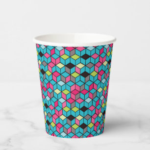 Turqouise and Pink Cube Pattern Paper Cups