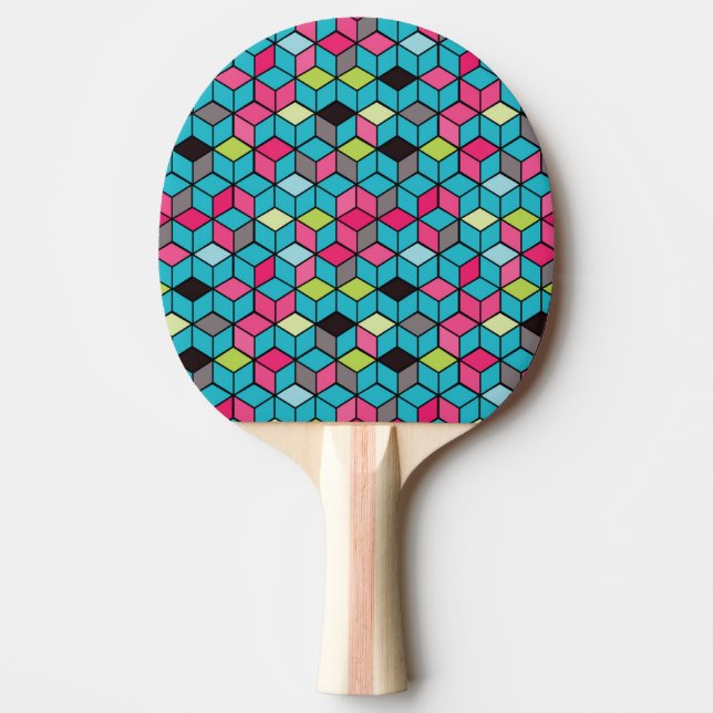 Turqouise and Pink Cube Pattern Ping Pong Paddle (Front)