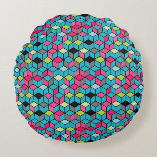 Turqouise and Pink Cube Pattern Round Cushion