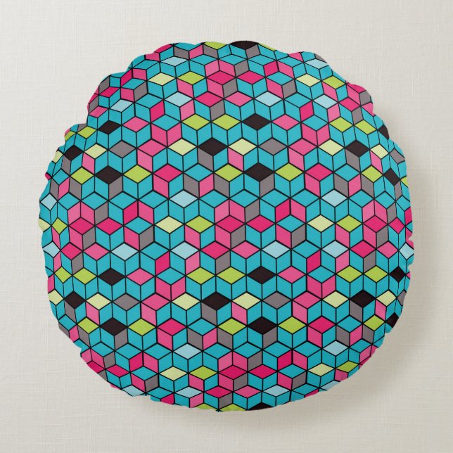 Turqouise and Pink Cube Pattern Round Cushion (Front)