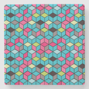 Turqouise and Pink Cube Pattern Stone Coaster