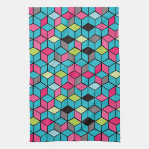 Turqouise and Pink Cube Pattern Tea Towel