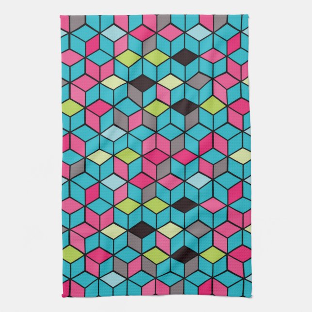 Turqouise and Pink Cube Pattern Tea Towel (Vertical)