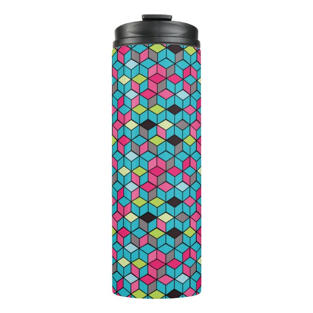 Turqouise and Pink Cube Pattern Thermal Tumbler (Front)