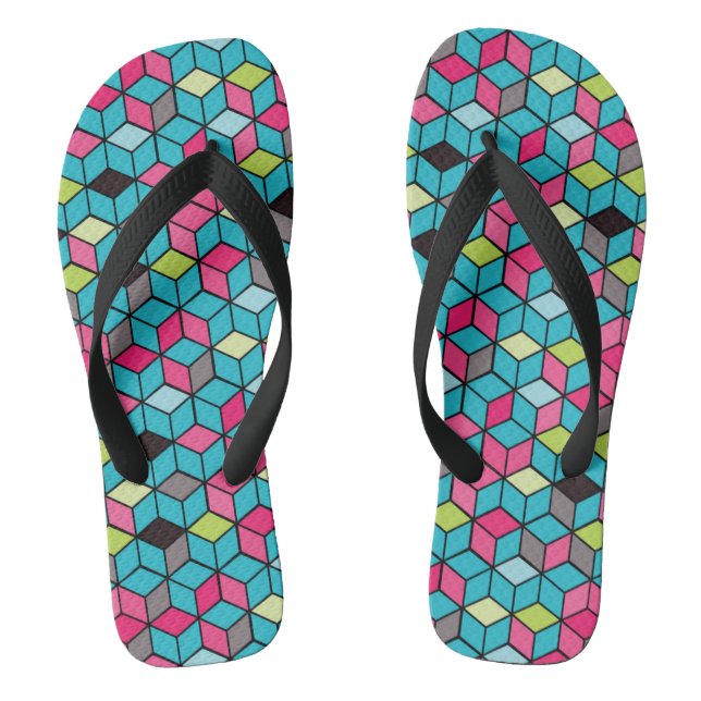Turqouise and Pink Cube Pattern Thongs (Footbed)