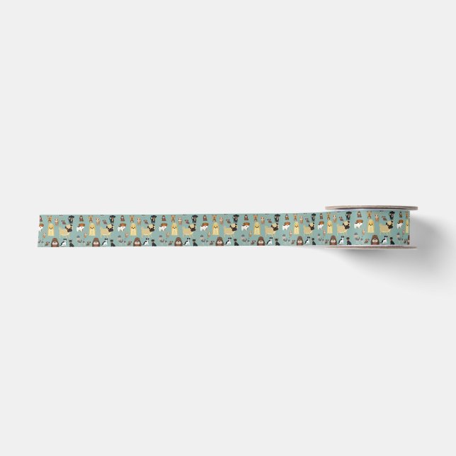 turqouise background dogs pattern. satin ribbon (Front)