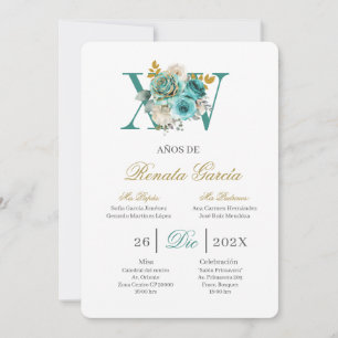 Turqouise floral quinceañera invitation