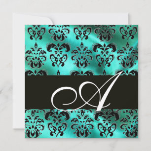 TURQUASE GREEN SILK DAMASK CLOTH MONOGRAM , white Invitation