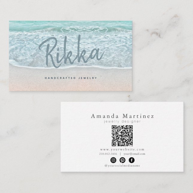 Turquioise Ocean Sandy Beach Handmade Jewelry QR Business Card (Front/Back)