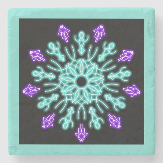 Turquiose and purple neon flower stone coaster (Front)