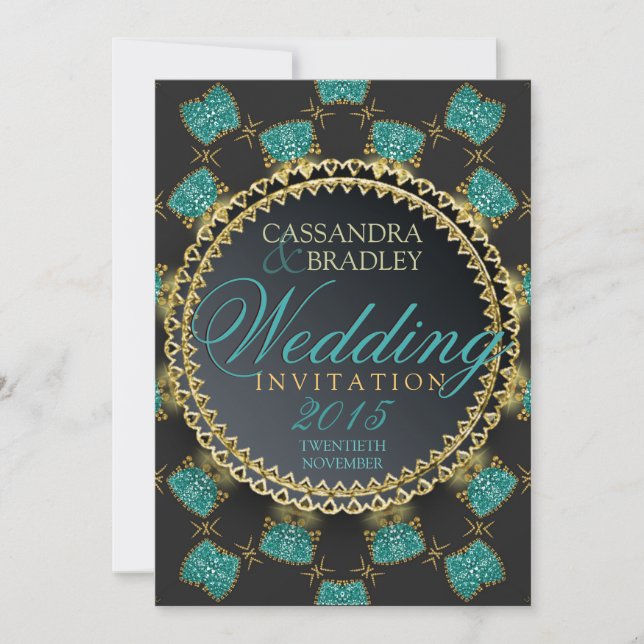 Turquiose Black Gold Sparkle Wedding Invitation (Front)