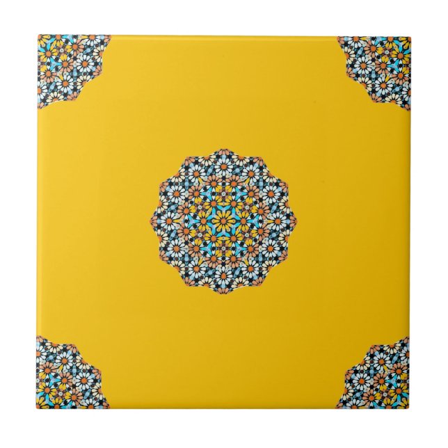 Turquise and Yellow Marble Moroccan Mosaic  Ceramic Tile (Front)