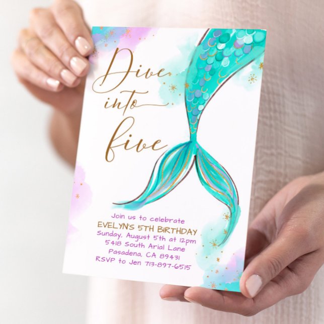 Turquois Mermaid Dive Into Five 5th Birthday Party Invitation (Creator Uploaded)
