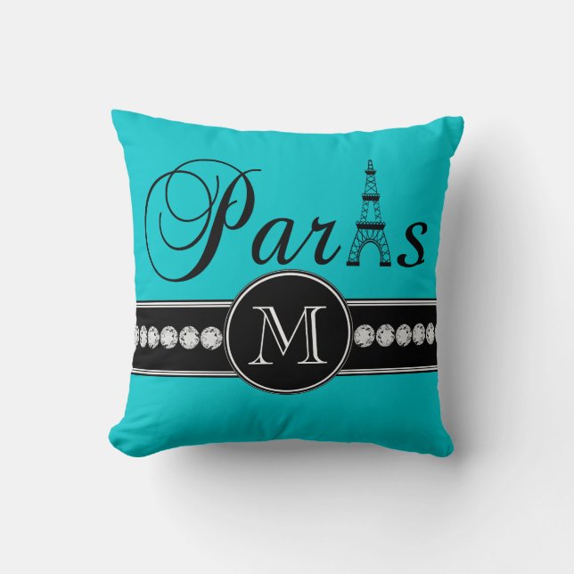 Turquoise 00c5cd Black Paris Monogrammed Cushion (Front)