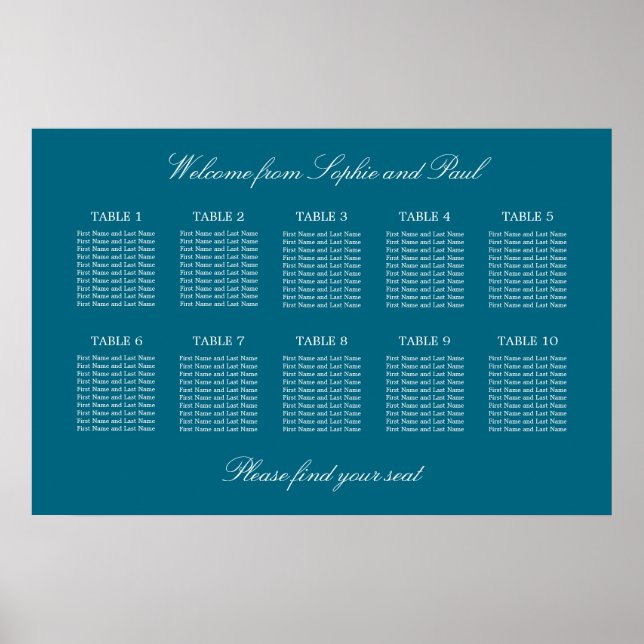 Turquoise 10 Table Wedding Seating Chart Poster (Front)