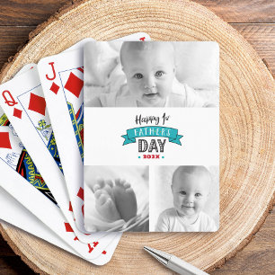 Turquoise 3 Photo Collage Happy 1st Father’s Day Playing Cards