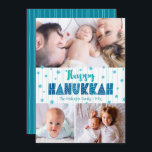 Turquoise 3 Photo Happy Hanukkah Modern Typography Holiday Card<br><div class="desc">“Happy Hanukkah.” Fun, playful, whimsical handcrafted typography along with a random Star of David pattern in light blue, all overlaying light aqua blue hand drawn lines on a white background, along with 3 photos of your choice, help you usher in Hanukkah. Hand drawn turquoise lines overlay a teal blue background...</div>