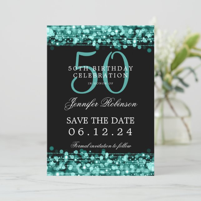 Turquoise 50th Birthday Save the Date w/ Details Invitation (Standing Front)