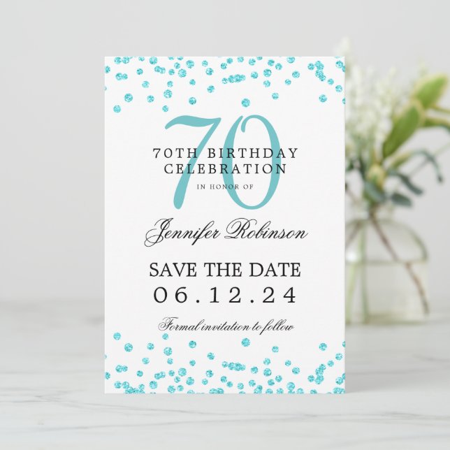Turquoise 70th Birthday Save the Date Details  Invitation (Standing Front)