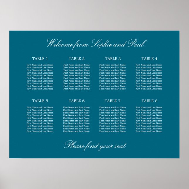 Turquoise 8 Table Wedding Seating Chart Poster (Front)