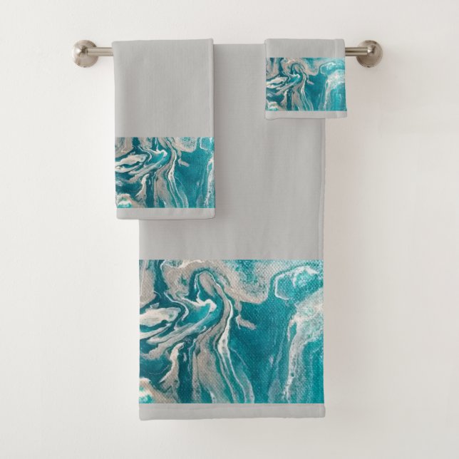 Turquoise Abstract Border on Grey Towel Set (Insitu)