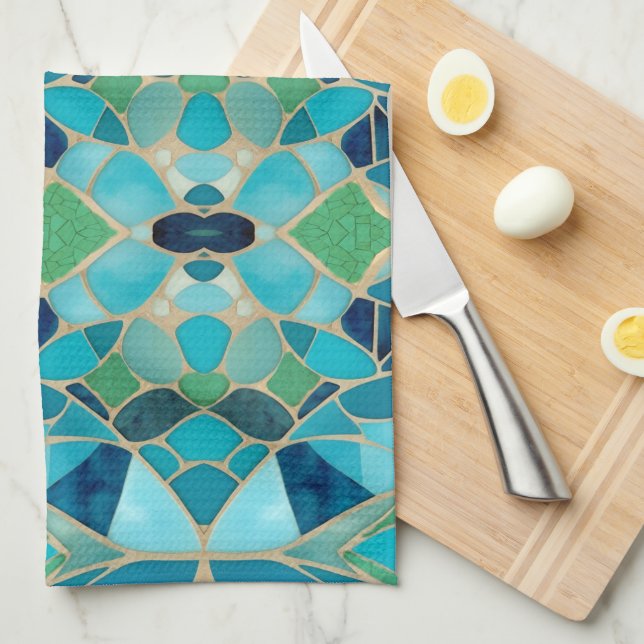 Turquoise Abstract Mosaic Tea Towel (Quarter Fold)