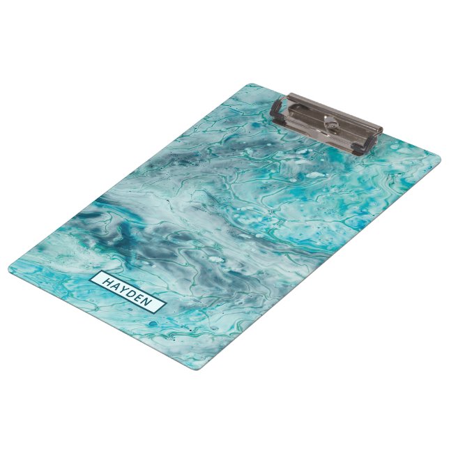 Turquoise Abstract Paint Pour Art Monogram Clipboard (Angled)