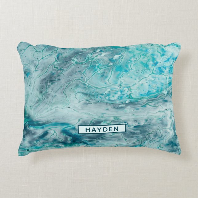 Turquoise Abstract Paint Pour Art Monogram Decorative Cushion (Front)