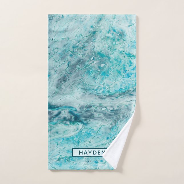 Turquoise Abstract Paint Pour Art Monogram Hand Towel (Hand Towel)